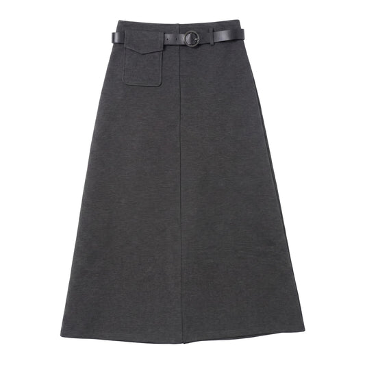 D976-GY - POCKET DETAIL A-LINE SKIRT