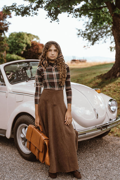 D984-BR - TOPSTITCHED YOKE SUEDE SKIRT