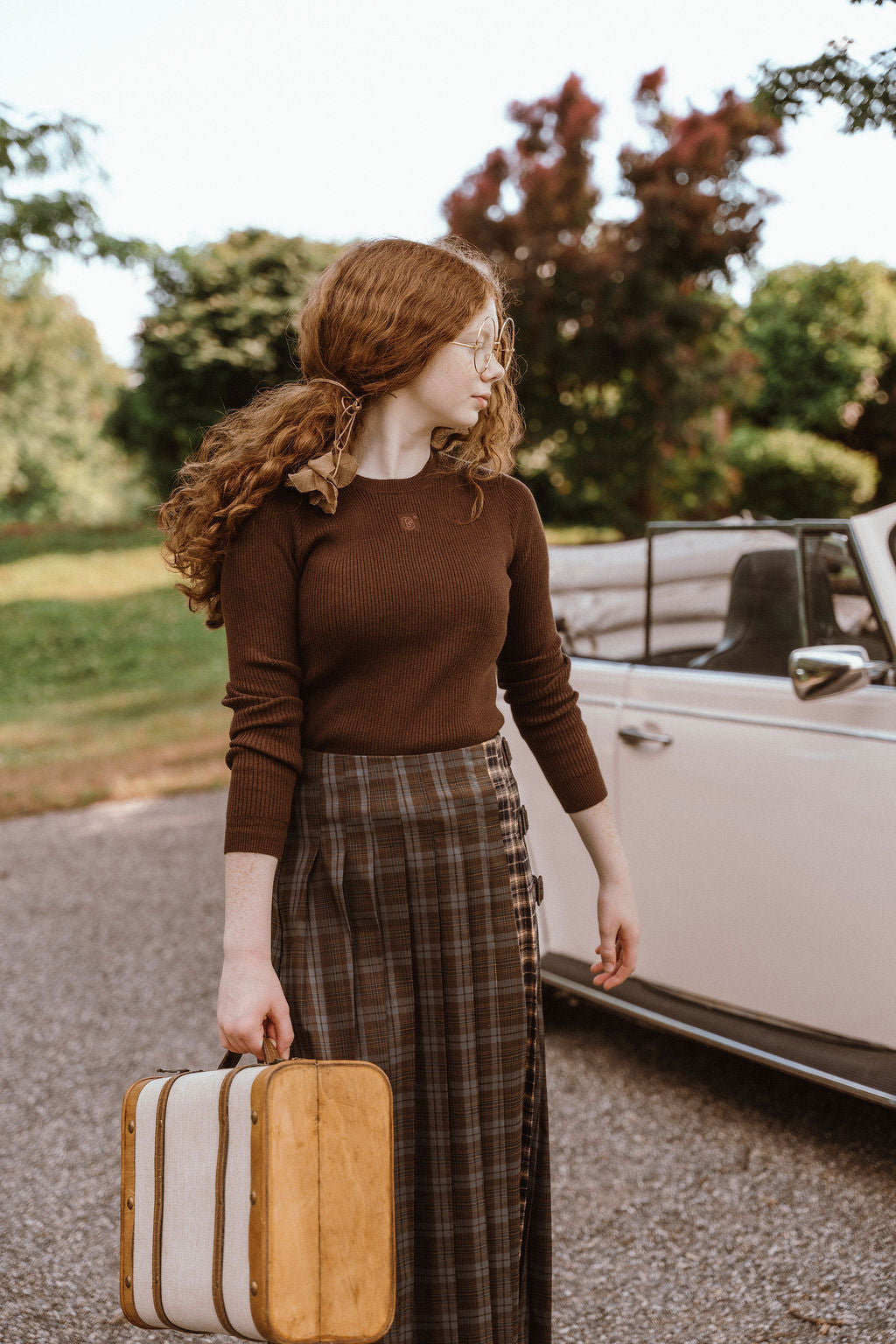 D980-BR - PLAID PLEATED SKIRT