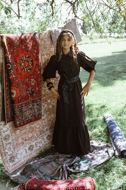 G904-BKBL - TAFFETA TIERED DRESS WITH BELT