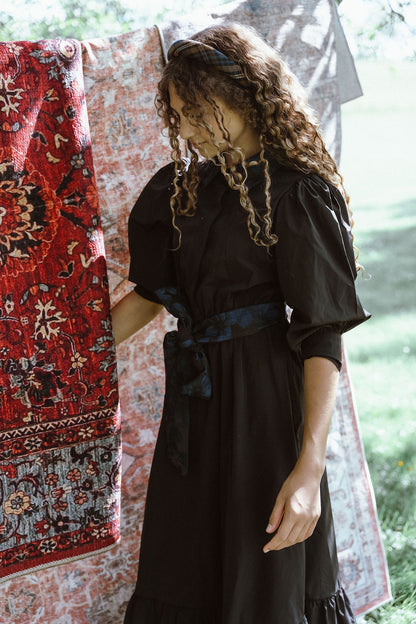 G904-BKBL - TAFFETA TIERED DRESS WITH BELT