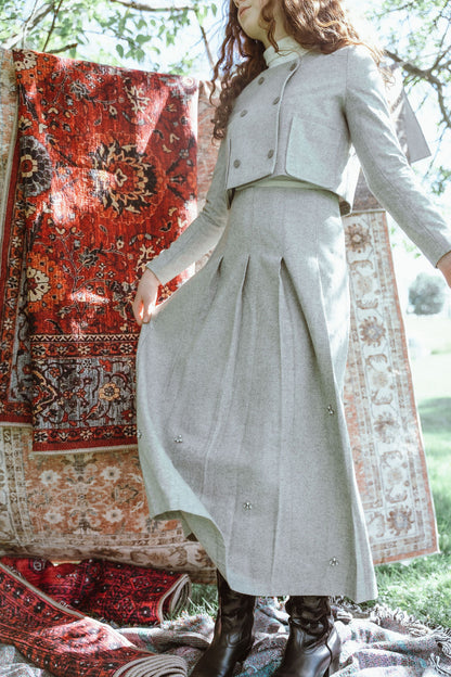 G926-GY - EMBELLISHED WOOL PLEATED SKIRT