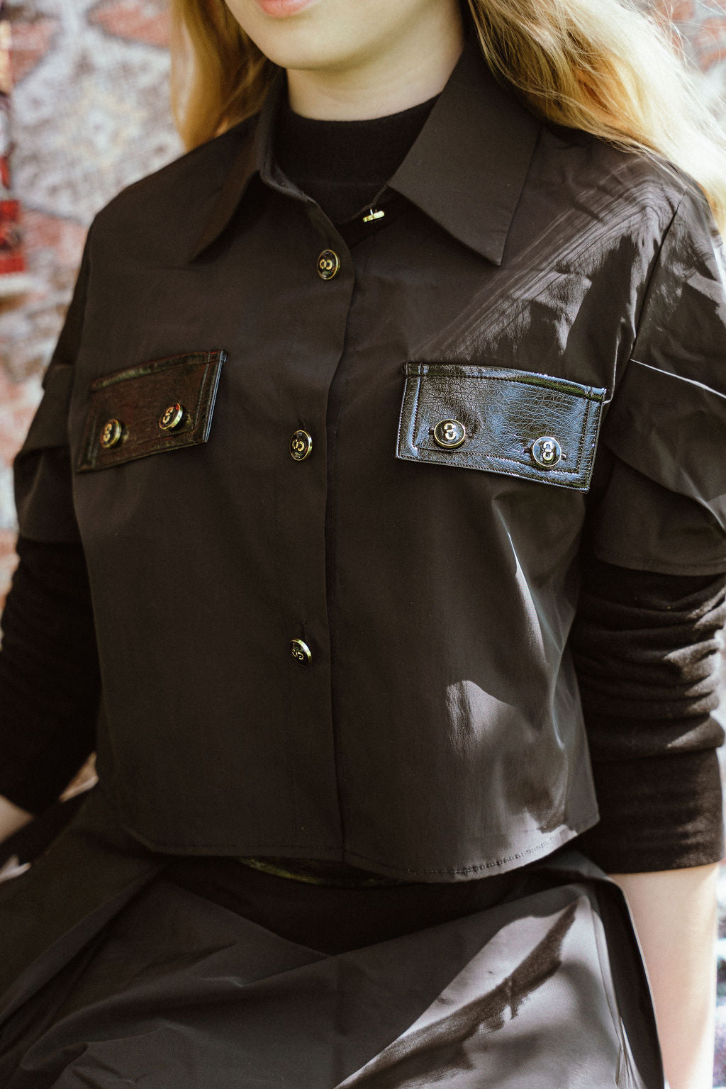 G936-BK - TAFFETA PATENT LEATHER DETAIL SHIRT