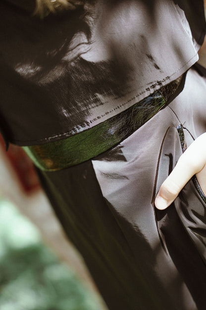 G938-BK - TAFFETA PATENT LEATHER DETAIL SKIRT
