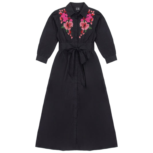 G800-BK - FLORAL EMBROIDERED SHIRT DRESS