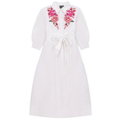 G800-WH - FLORAL EMBROIDERED SHIRT DRESS