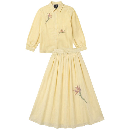 G822-YE - EMBELLISHED PRINTED DETAIL SHIRT AND SKIRT SET