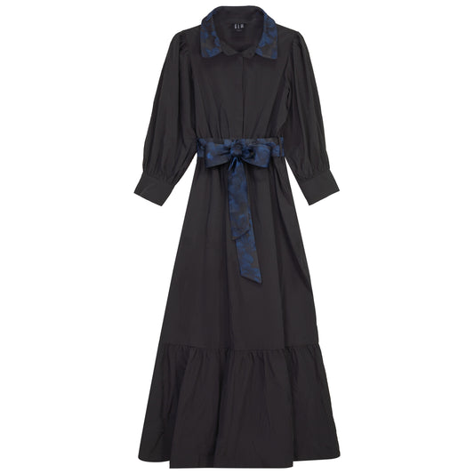 G904-BKBL - TAFFETA TIERED DRESS WITH BELT
