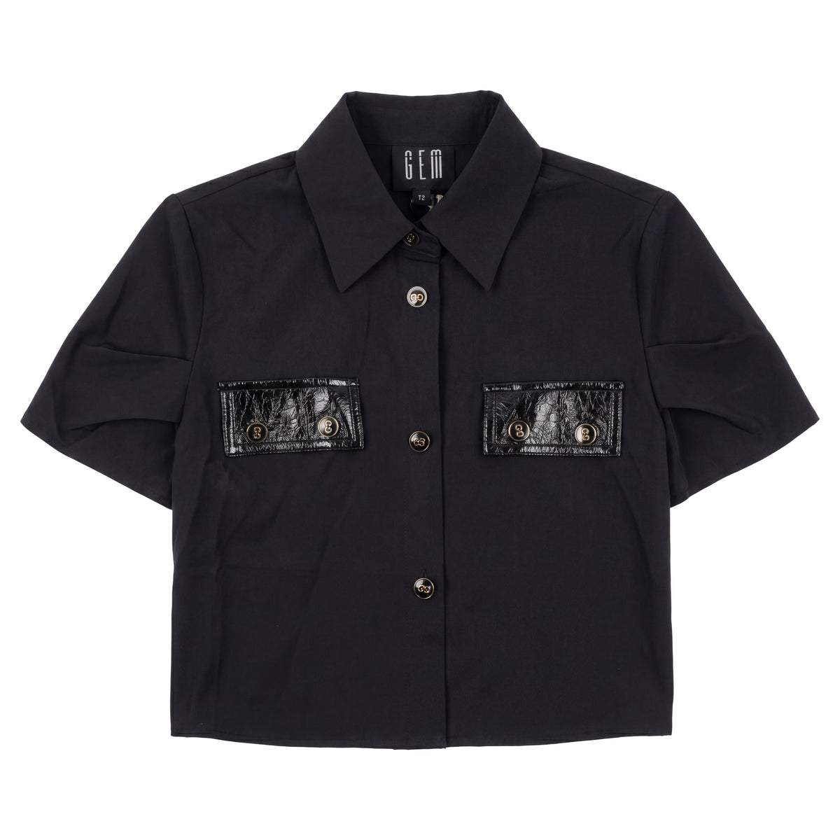 G936-BK - TAFFETA PATENT LEATHER DETAIL SHIRT