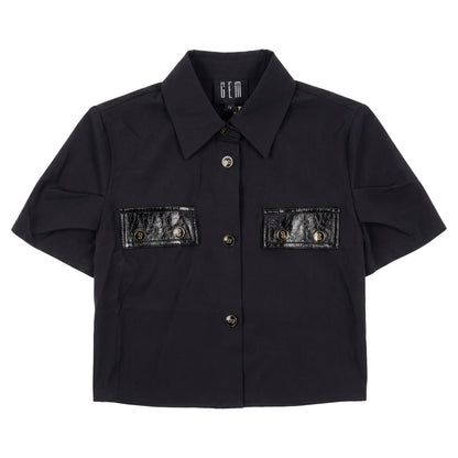 G936-BK - TAFFETA PATENT LEATHER DETAIL SHIRT
