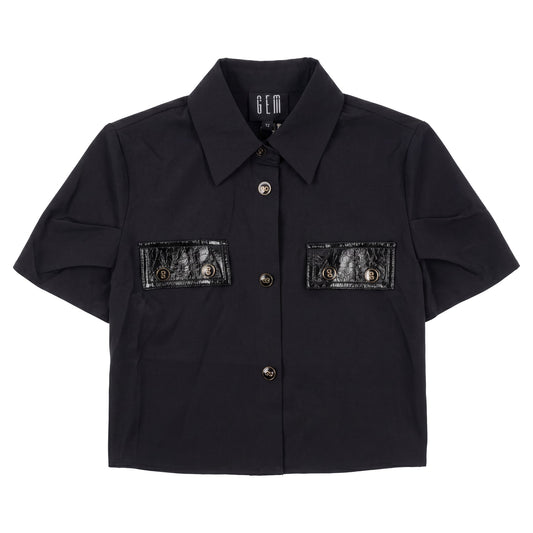 G936-BK - TAFFETA PATENT LEATHER DETAIL SHIRT
