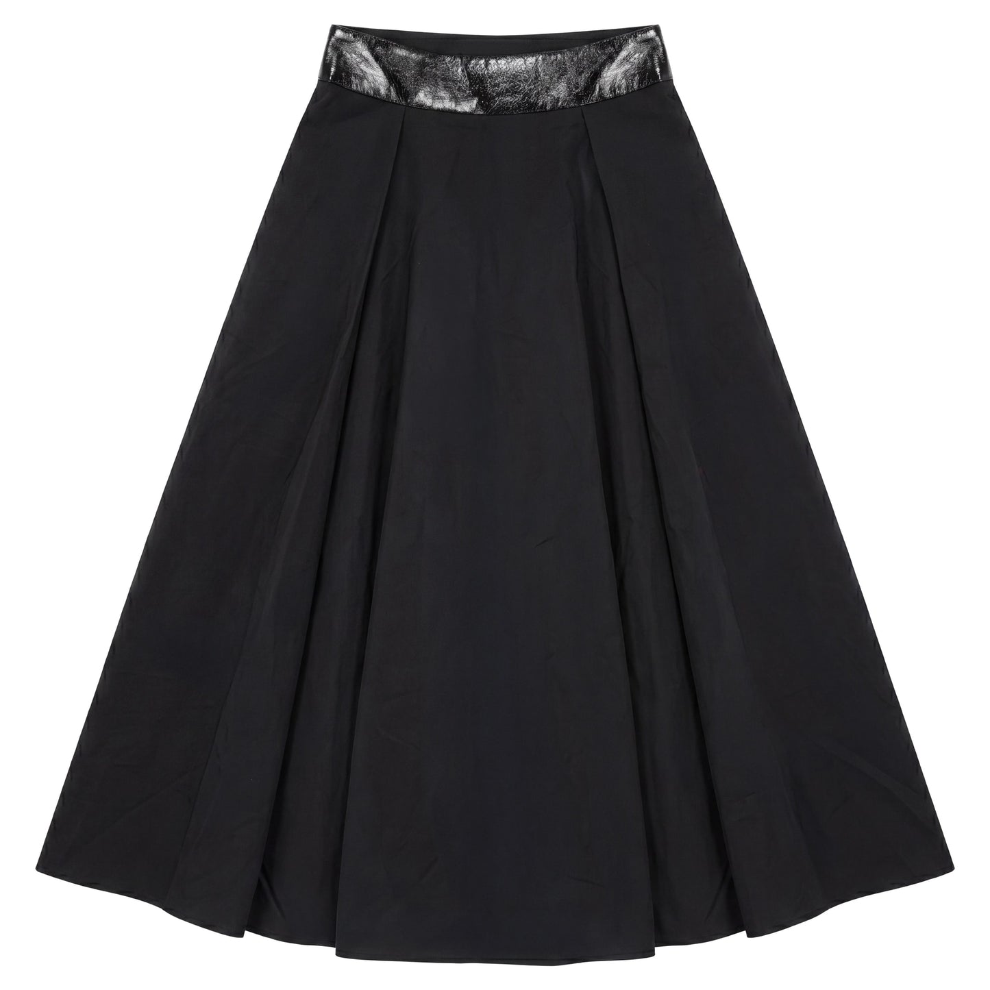 G938-BK - TAFFETA PATENT LEATHER DETAIL SKIRT