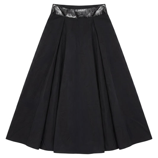 G938-BK - TAFFETA PATENT LEATHER DETAIL SKIRT