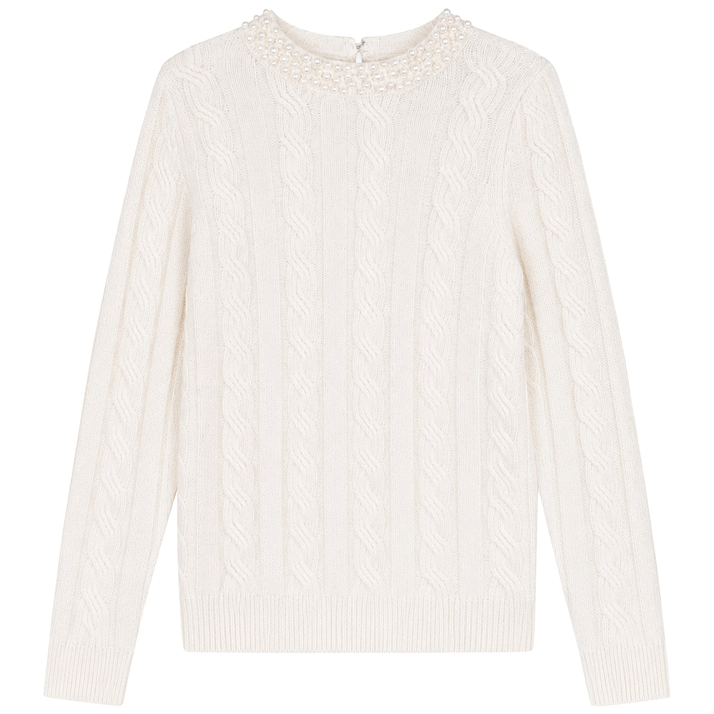 G954-CR - PEARL NECKLINE CABLE KNIT SWEATER