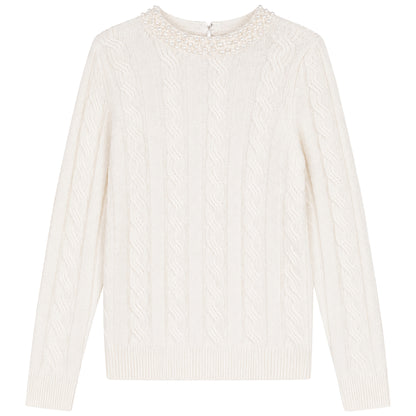 G954-CR - PEARL NECKLINE CABLE KNIT SWEATER