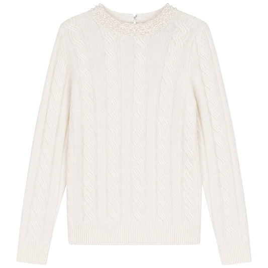 G954-CR - PEARL NECKLINE CABLE KNIT SWEATER