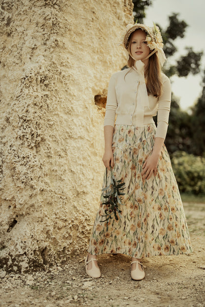 G835-BE - DROPPED YOKE PRINTED SKIRT